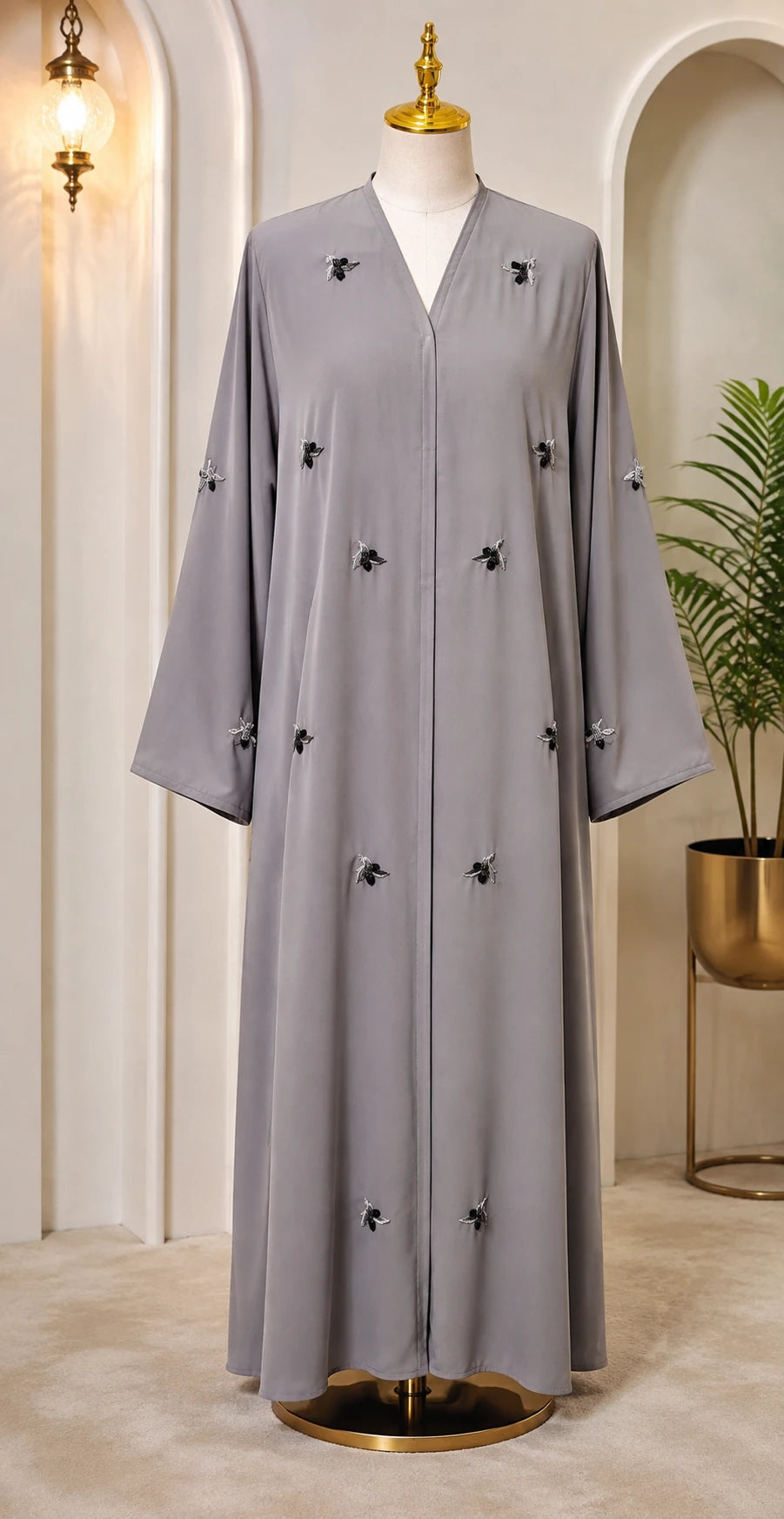 Premium Light Grey Ice Silk Embroidered Abaya with Matching Dupatta